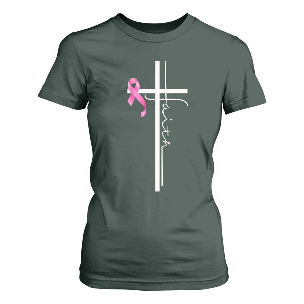 Christian Faith Breast Cancer Awareness T Shirt For Women Pink Ribbon Christian Cross TS11 Dark Forest Green Print Your Wear