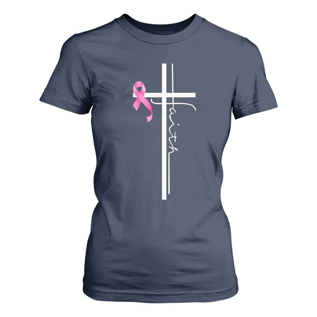Christian Faith Breast Cancer Awareness T Shirt For Women Pink Ribbon Christian Cross TS11 Navy Print Your Wear