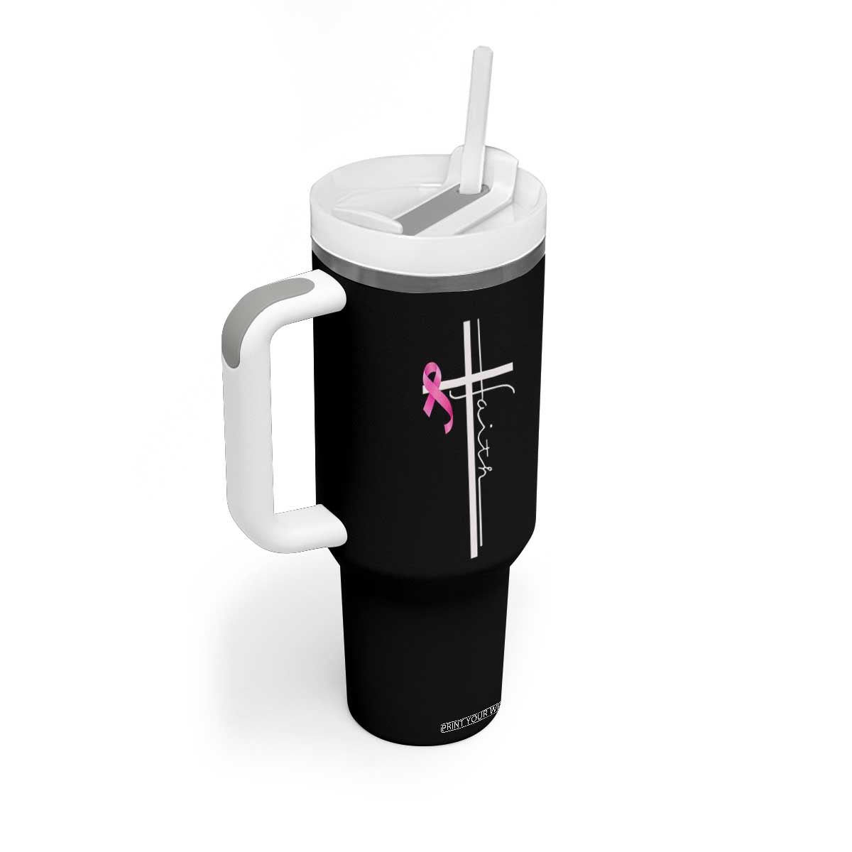 Christian Faith Breast Cancer Awareness Tumbler With Handle Pink Ribbon Christian Cross TS11 Print Your Wear