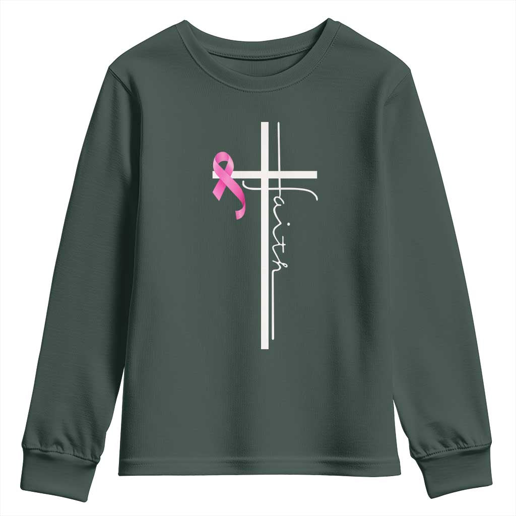 Christian Faith Breast Cancer Awareness Youth Sweatshirt Pink Ribbon Christian Cross TS11 Dark Forest Green Print Your Wear