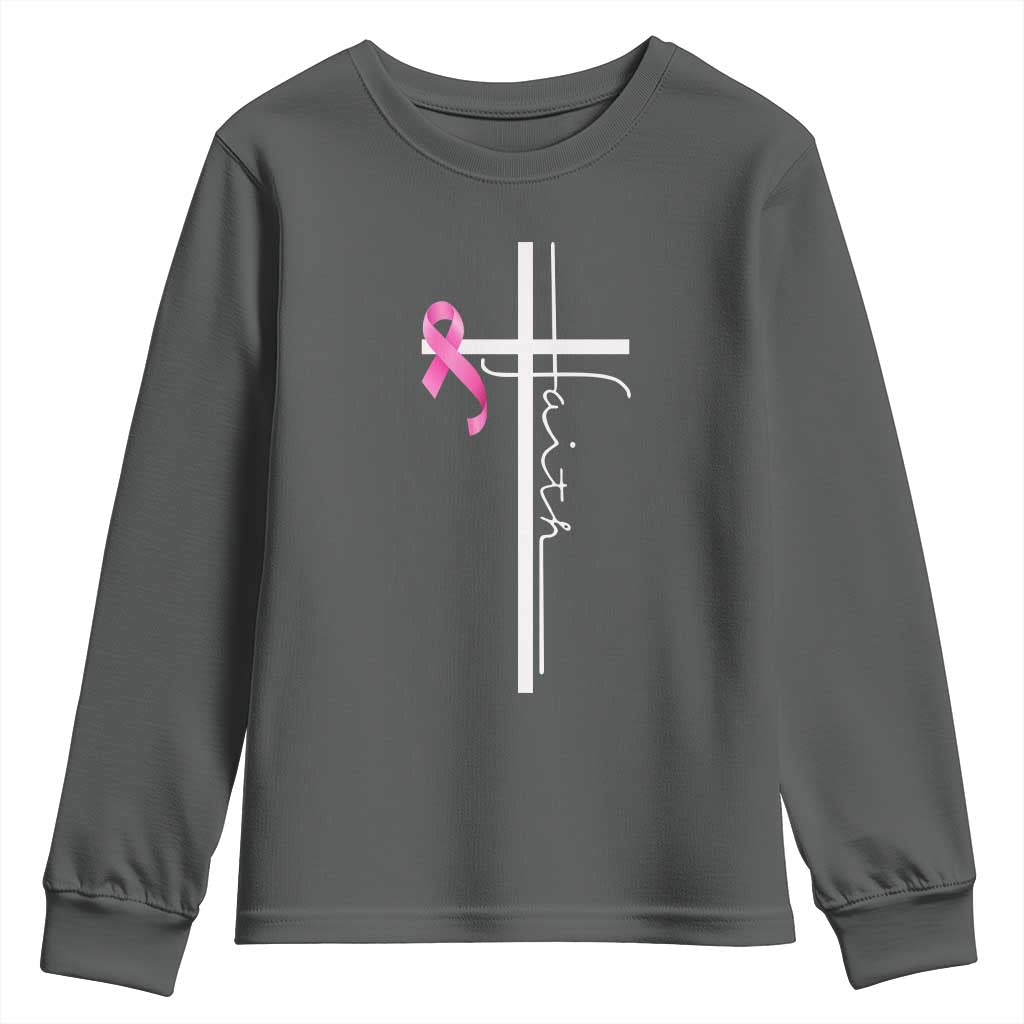 Christian Faith Breast Cancer Awareness Youth Sweatshirt Pink Ribbon Christian Cross TS11 Dark Heather Print Your Wear