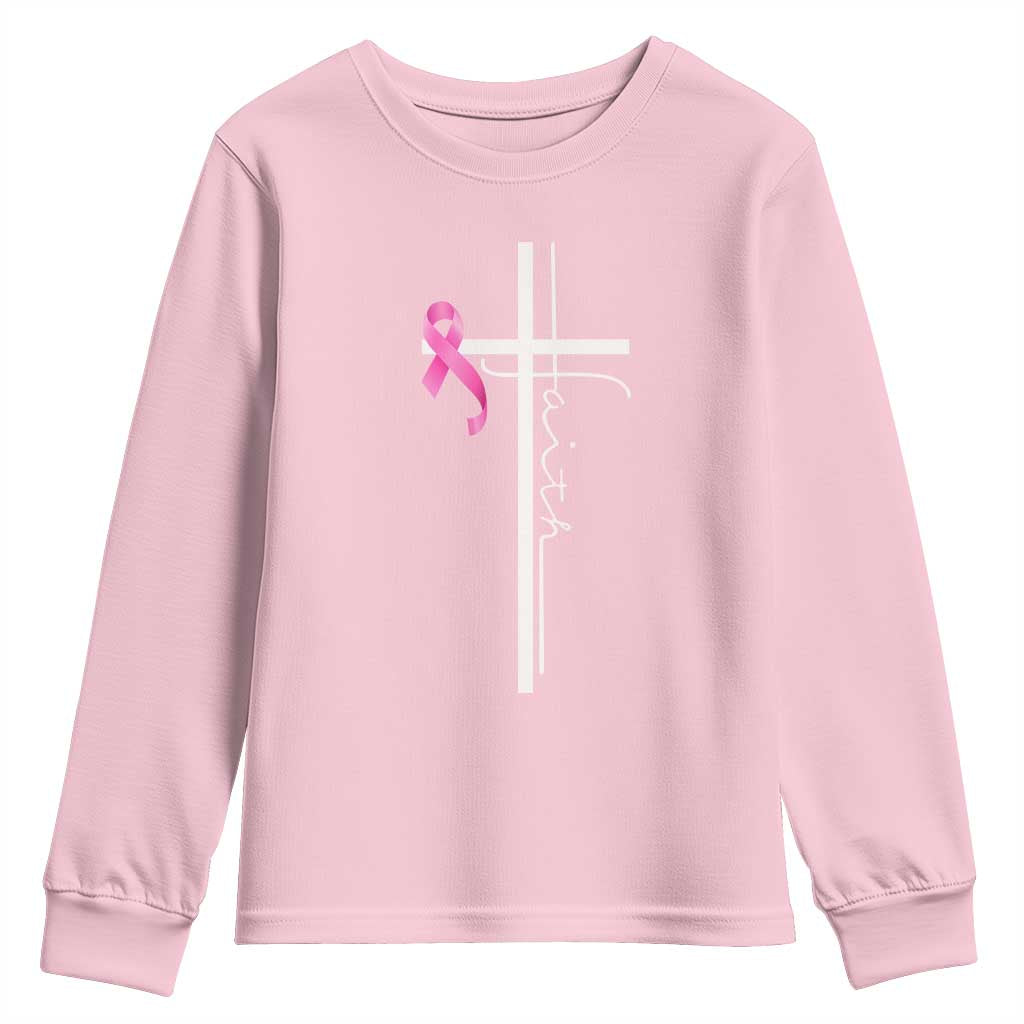 Christian Faith Breast Cancer Awareness Youth Sweatshirt Pink Ribbon Christian Cross TS11 Light Pink Print Your Wear