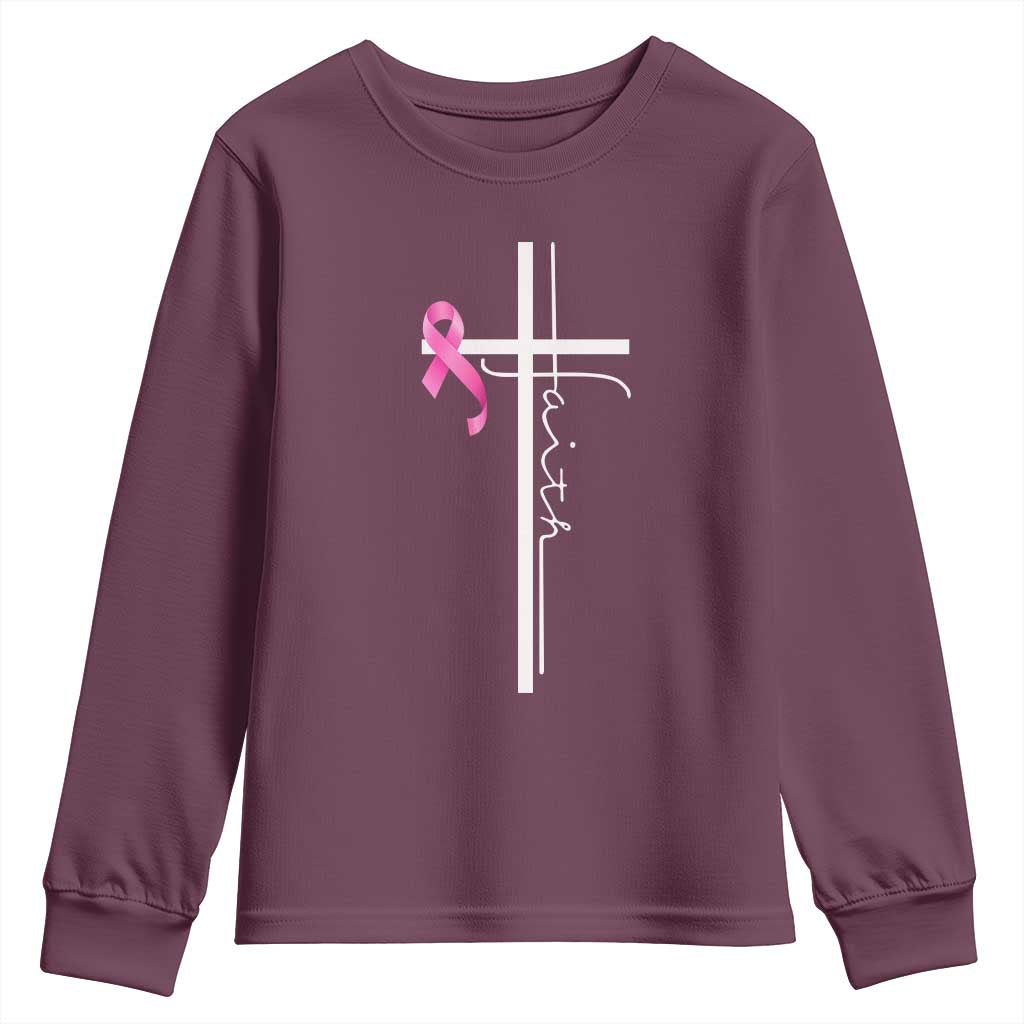 Christian Faith Breast Cancer Awareness Youth Sweatshirt Pink Ribbon Christian Cross TS11 Maroon Print Your Wear