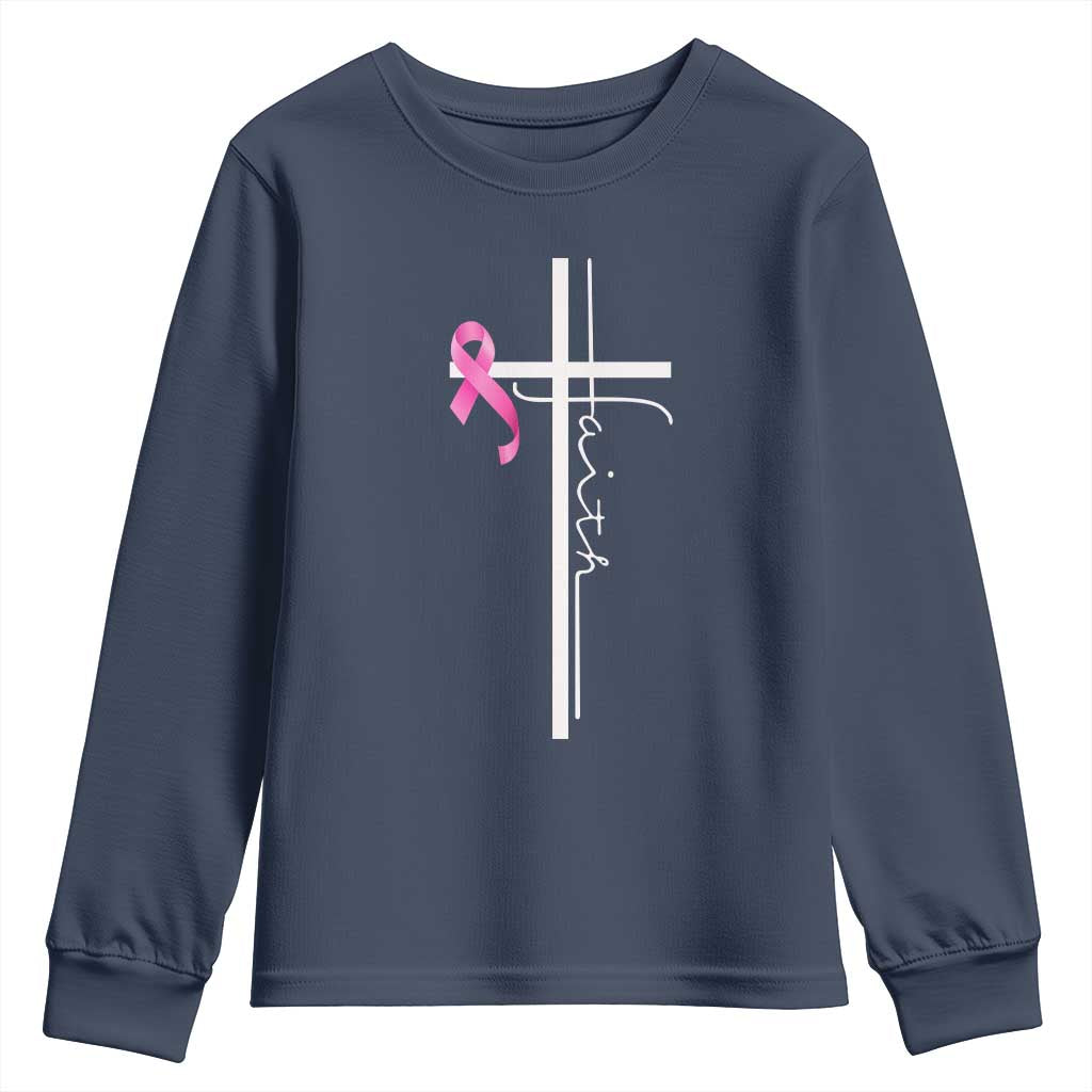 Christian Faith Breast Cancer Awareness Youth Sweatshirt Pink Ribbon Christian Cross TS11 Navy Print Your Wear