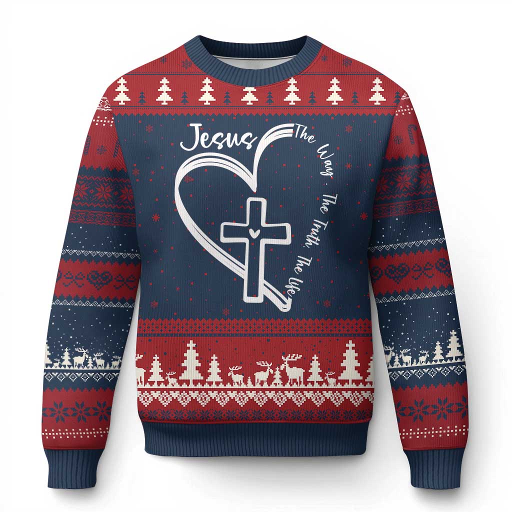 Jesus The Way The Truth The Life Ugly Christmas Sweater Christian Cross With Heart TS11 Navy Red Print Your Wear