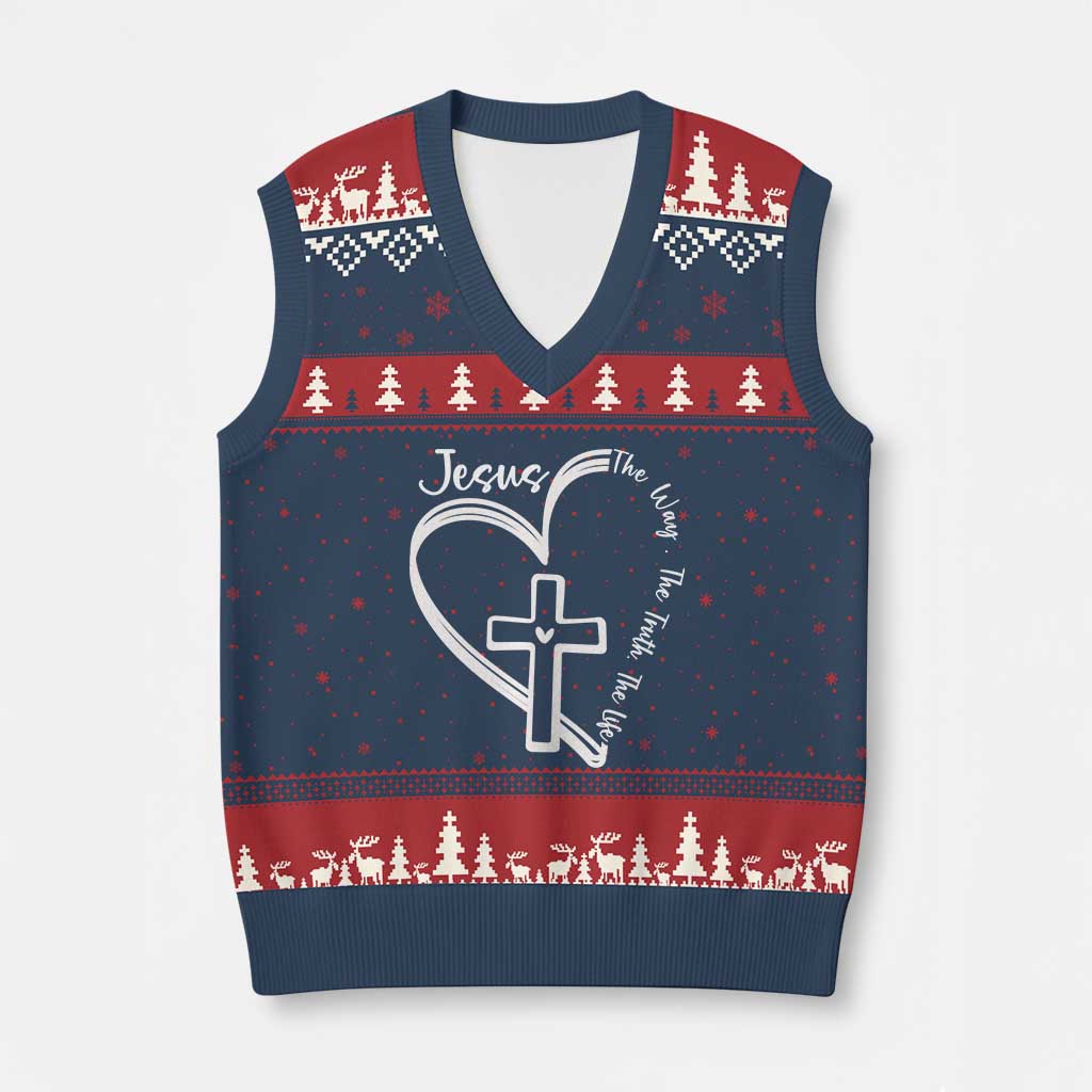 Jesus The Way The Truth The Life V-Neck Knit Sweater Vest Christian Cross With Heart TS11 Navy Red Print Your Wear