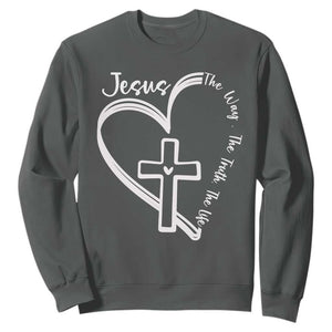 Jesus The Way The Truth The Life Sweatshirt Christian Cross With Heart TS11 Dark Heather Print Your Wear
