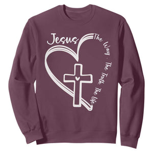 Jesus The Way The Truth The Life Sweatshirt Christian Cross With Heart TS11 Maroon Print Your Wear