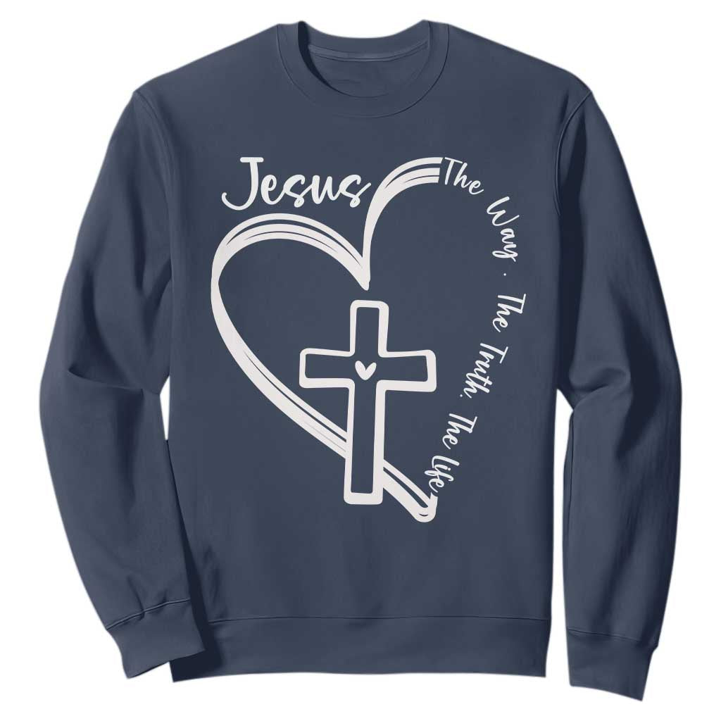 Jesus The Way The Truth The Life Sweatshirt Christian Cross With Heart TS11 Navy Print Your Wear