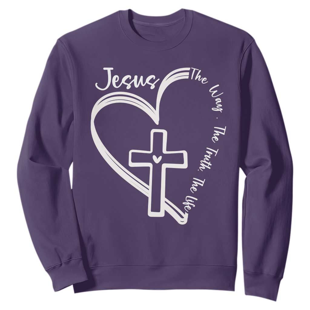 Jesus The Way The Truth The Life Sweatshirt Christian Cross With Heart TS11 Purple Print Your Wear