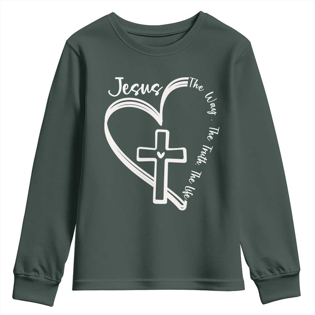 Jesus The Way The Truth The Life Youth Sweatshirt Christian Cross With Heart TS11 Dark Forest Green Print Your Wear