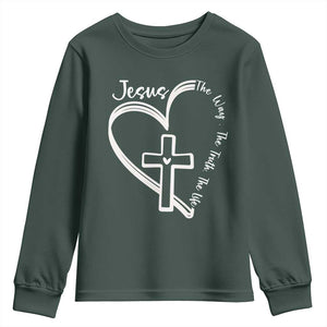 Jesus The Way The Truth The Life Youth Sweatshirt Christian Cross With Heart TS11 Dark Forest Green Print Your Wear