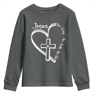 Jesus The Way The Truth The Life Youth Sweatshirt Christian Cross With Heart TS11 Dark Heather Print Your Wear