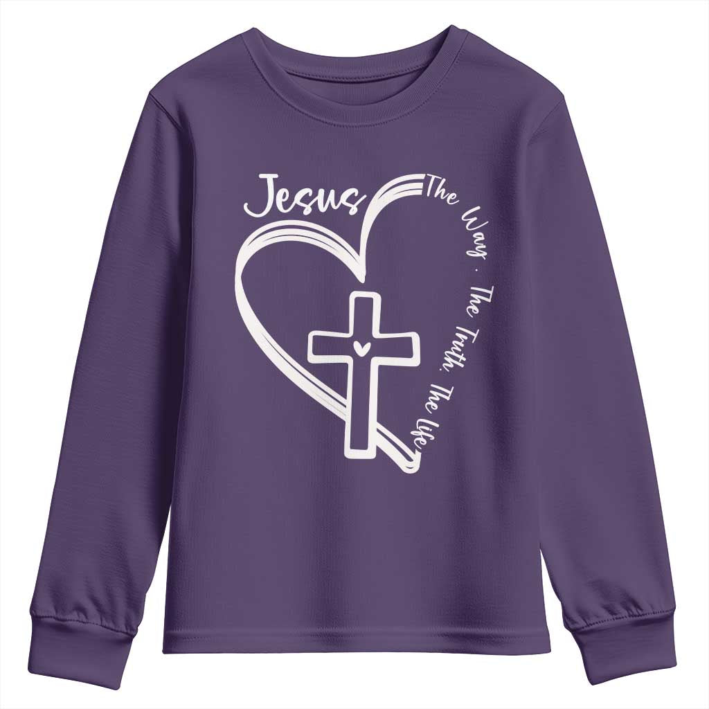 Jesus The Way The Truth The Life Youth Sweatshirt Christian Cross With Heart TS11 Purple Print Your Wear