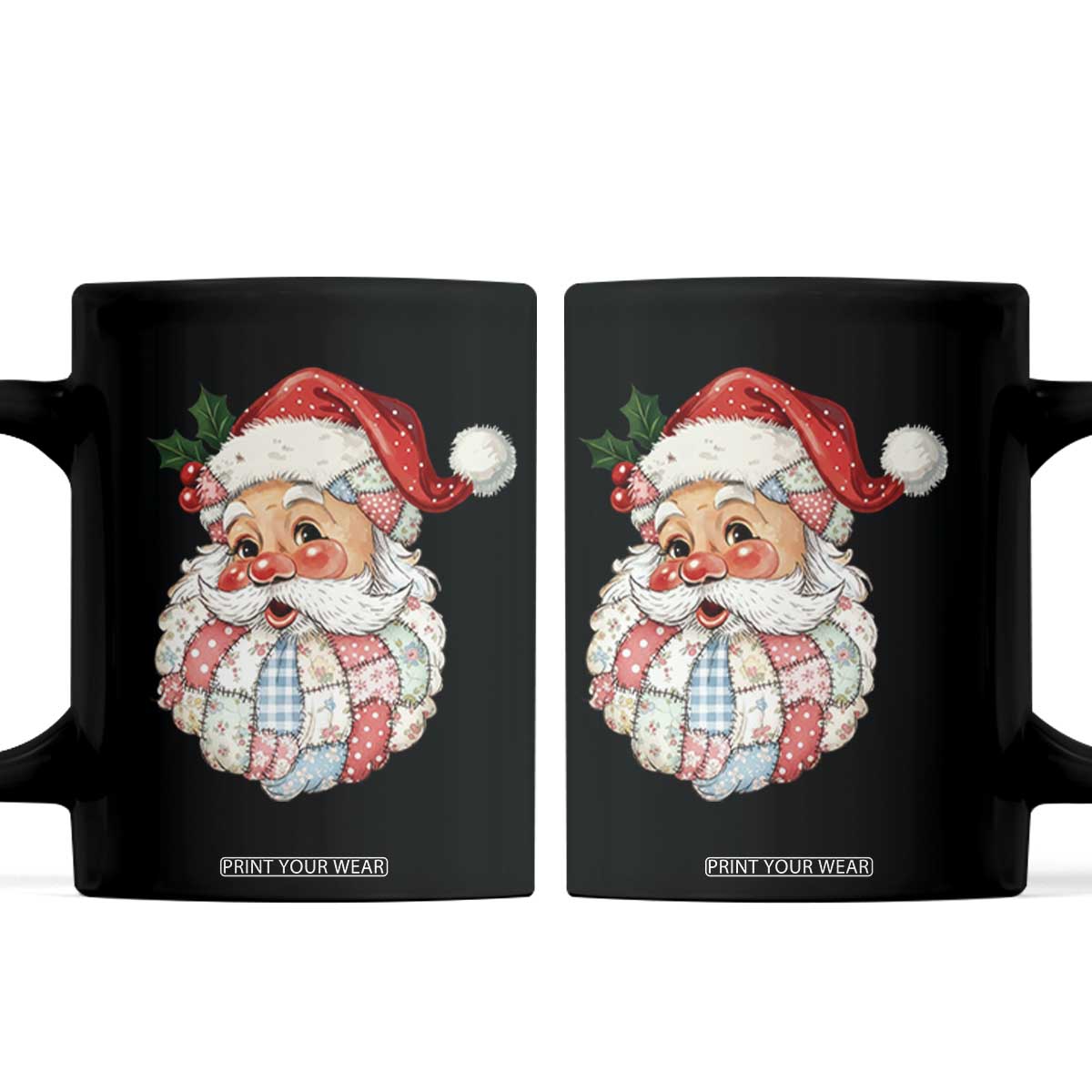 Vintage Retro Patchwork Santa Xmas Coffee Mug Merry Christmas Holiday TS11 Black Print Your Wear