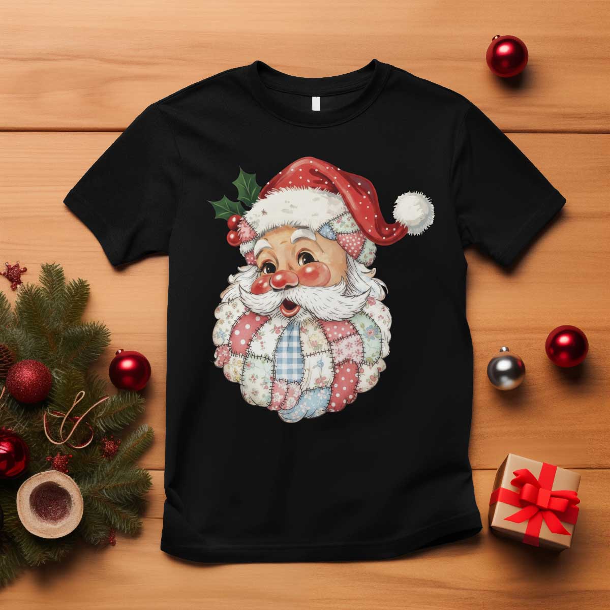 Vintage Retro Patchwork Santa Xmas T Shirt Merry Christmas Holiday TS11 Black Print Your Wear