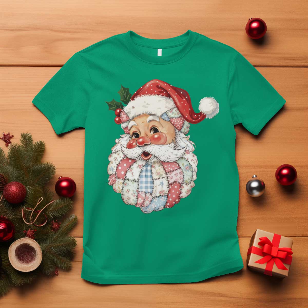 Vintage Retro Patchwork Santa Xmas T Shirt Merry Christmas Holiday TS11 Irish Green Print Your Wear