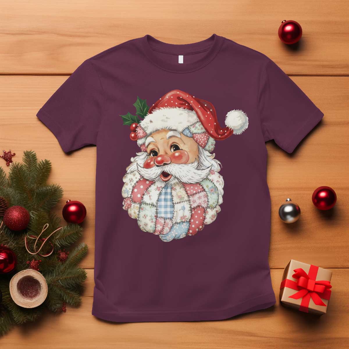 Vintage Retro Patchwork Santa Xmas T Shirt Merry Christmas Holiday TS11 Maroon Print Your Wear