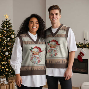 Vintage Retro Patchwork Santa Xmas V-Neck Knit Sweater Vest Merry Xmas Holiday TS11 Mocha Mousse Print Your Wear