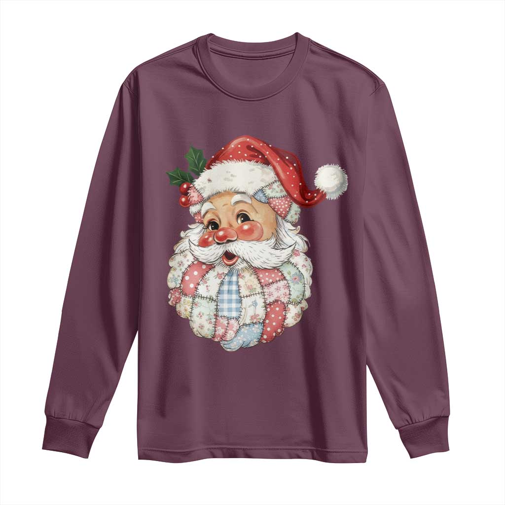 Vintage Retro Patchwork Santa Xmas Long Sleeve Shirt Merry Christmas Holiday TS11 Maroon Print Your Wear