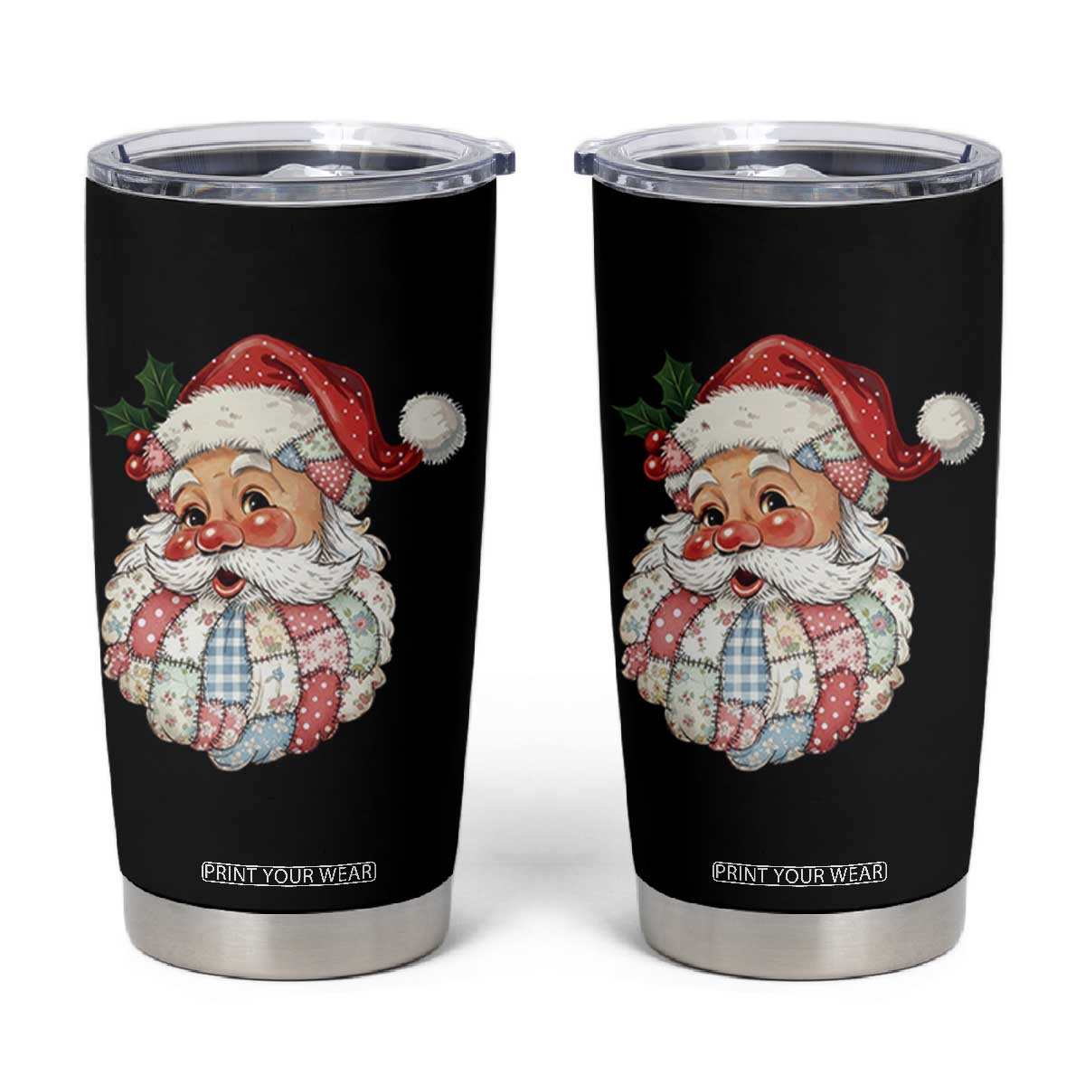 Vintage Retro Patchwork Santa Xmas Tumbler Cup Merry Christmas Holiday TS11 Black Print Your Wear