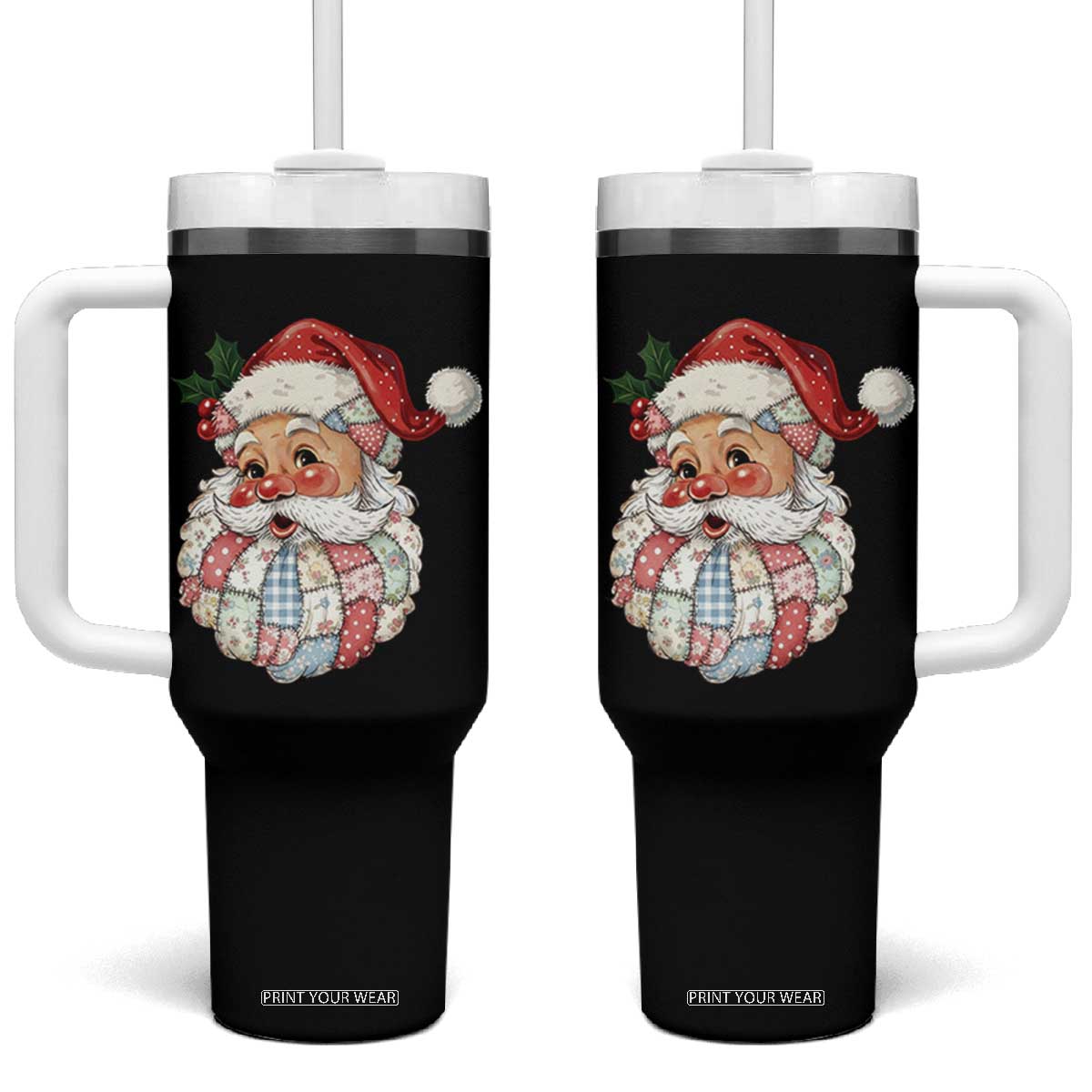 Vintage Retro Patchwork Santa Xmas Tumbler With Handle Merry Christmas Holiday TS11 One Size: 40 oz Black Print Your Wear