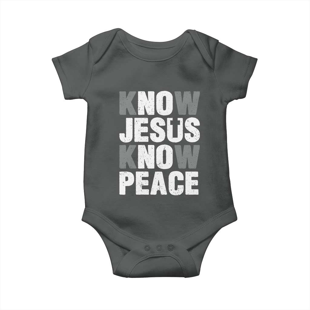 Christian Know Jesus Know Peace Baby Onesie Religion God Church Bible TS11 Dark Heather Print Your Wear