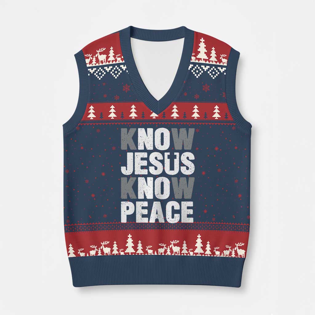 Christian Know Jesus Know Peace V-Neck Knit Sweater Vest Religion God Church Bible TS11 Navy Red Print Your Wear