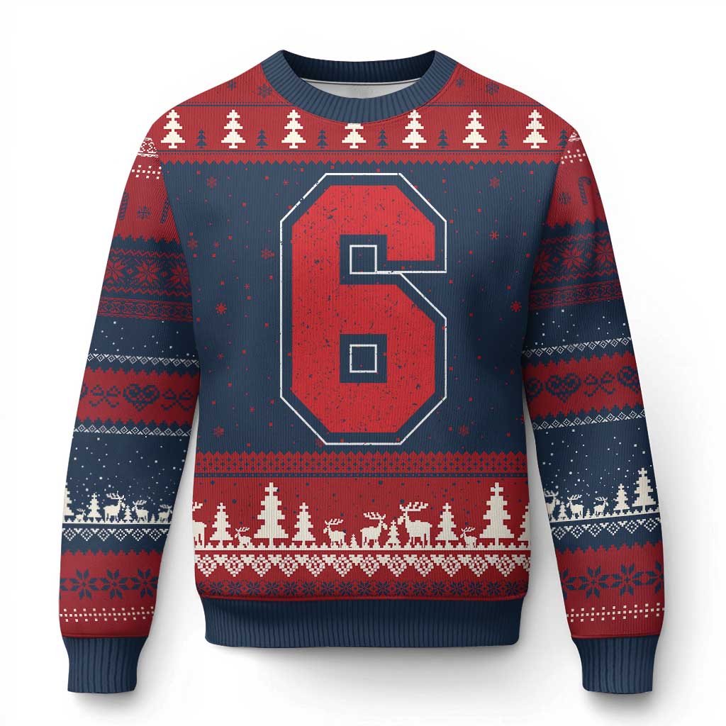 Number 6 Ugly Christmas Sweater Fan Varsity Sports Team 67 Jersey Number TS11 Navy Red Print Your Wear