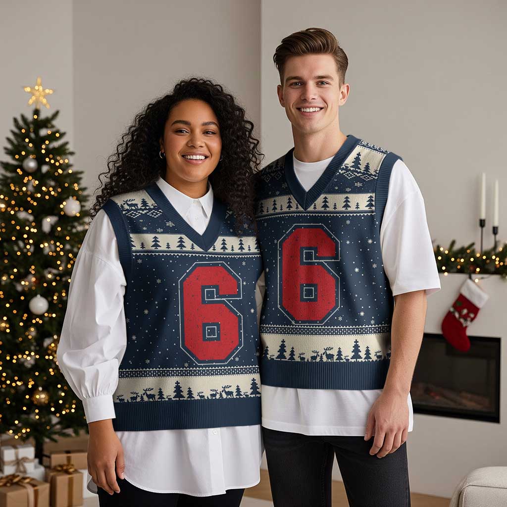 Number 6 V-Neck Knit Sweater Vest Fan Varsity Sports Team 67 Jersey Number TS11 Navy Beige Print Your Wear