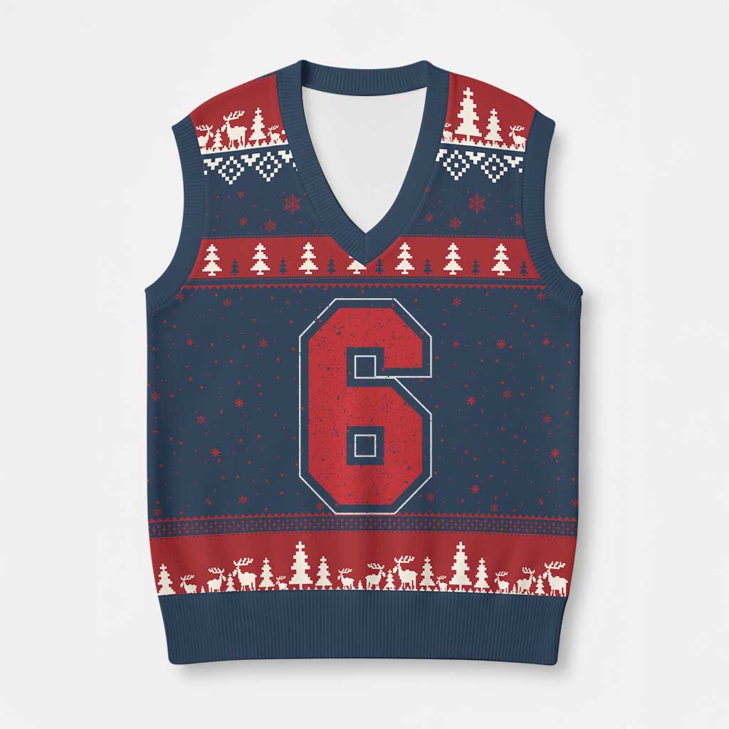 Number 6 V-Neck Knit Sweater Vest Fan Varsity Sports Team 67 Jersey Number TS11 Navy Red Print Your Wear