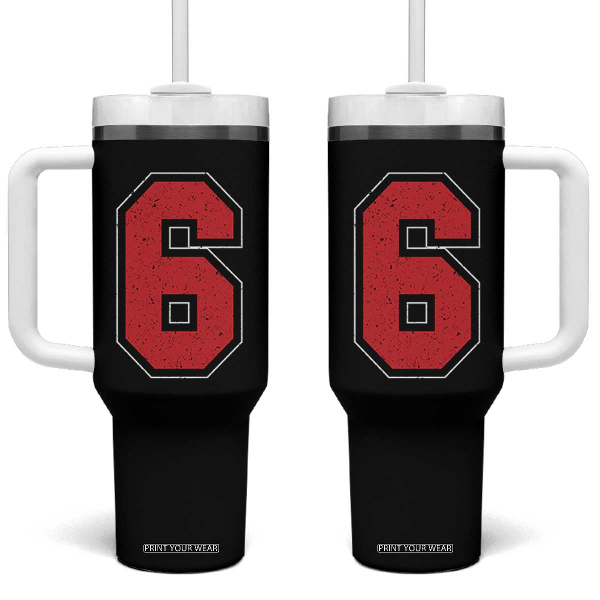 Number 6 Tumbler With Handle Fan Varsity Sports Team 67 Jersey Number TS11 One Size: 40 oz Black Print Your Wear