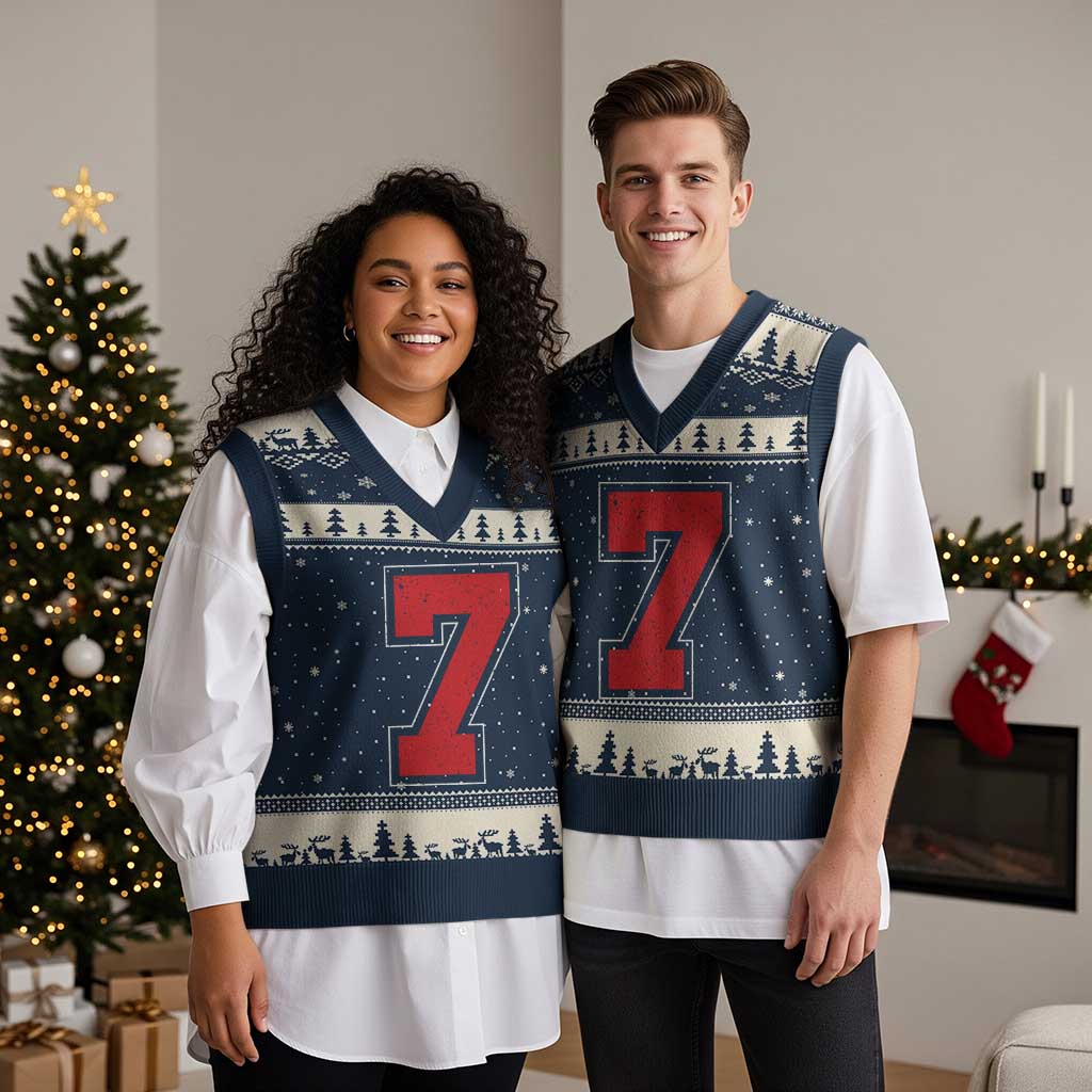 Number 7 V-Neck Knit Sweater Vest Fan Varsity Sports Team 67 Jersey Number TS11 Navy Beige Print Your Wear