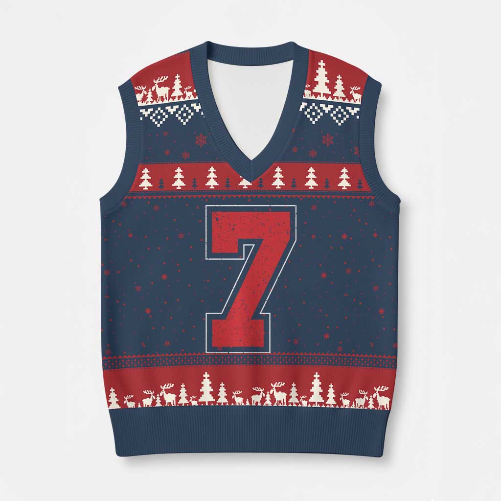 Number 7 V-Neck Knit Sweater Vest Fan Varsity Sports Team 67 Jersey Number TS11 Navy Red Print Your Wear
