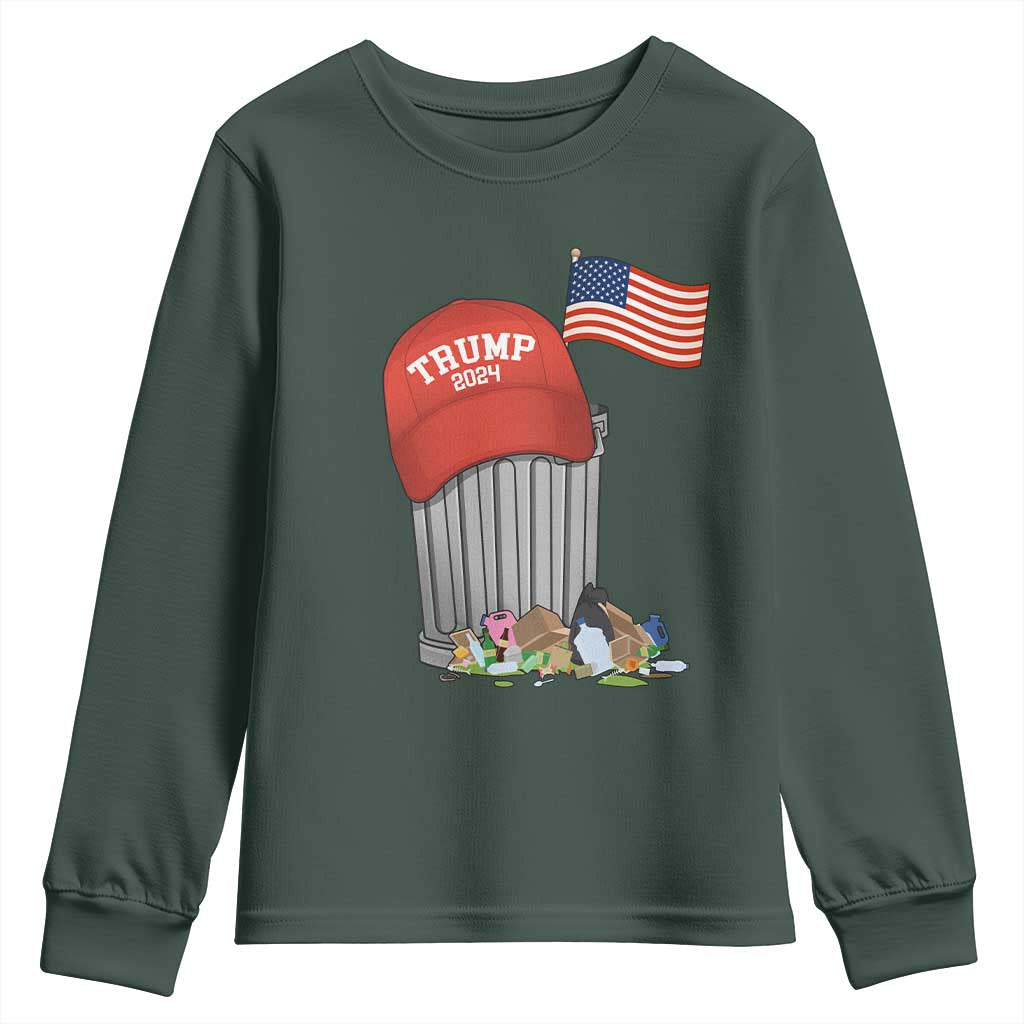 Funny Trump Garbage 2024 Youth Sweatshirt Vintage Trash Bin American Flag TS11 Dark Forest Green Print Your Wear