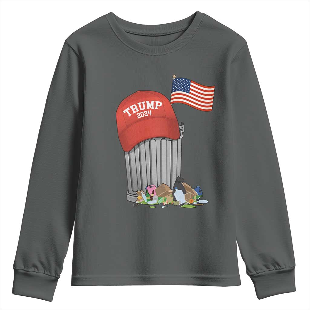 Funny Trump Garbage 2024 Youth Sweatshirt Vintage Trash Bin American Flag TS11 Dark Heather Print Your Wear