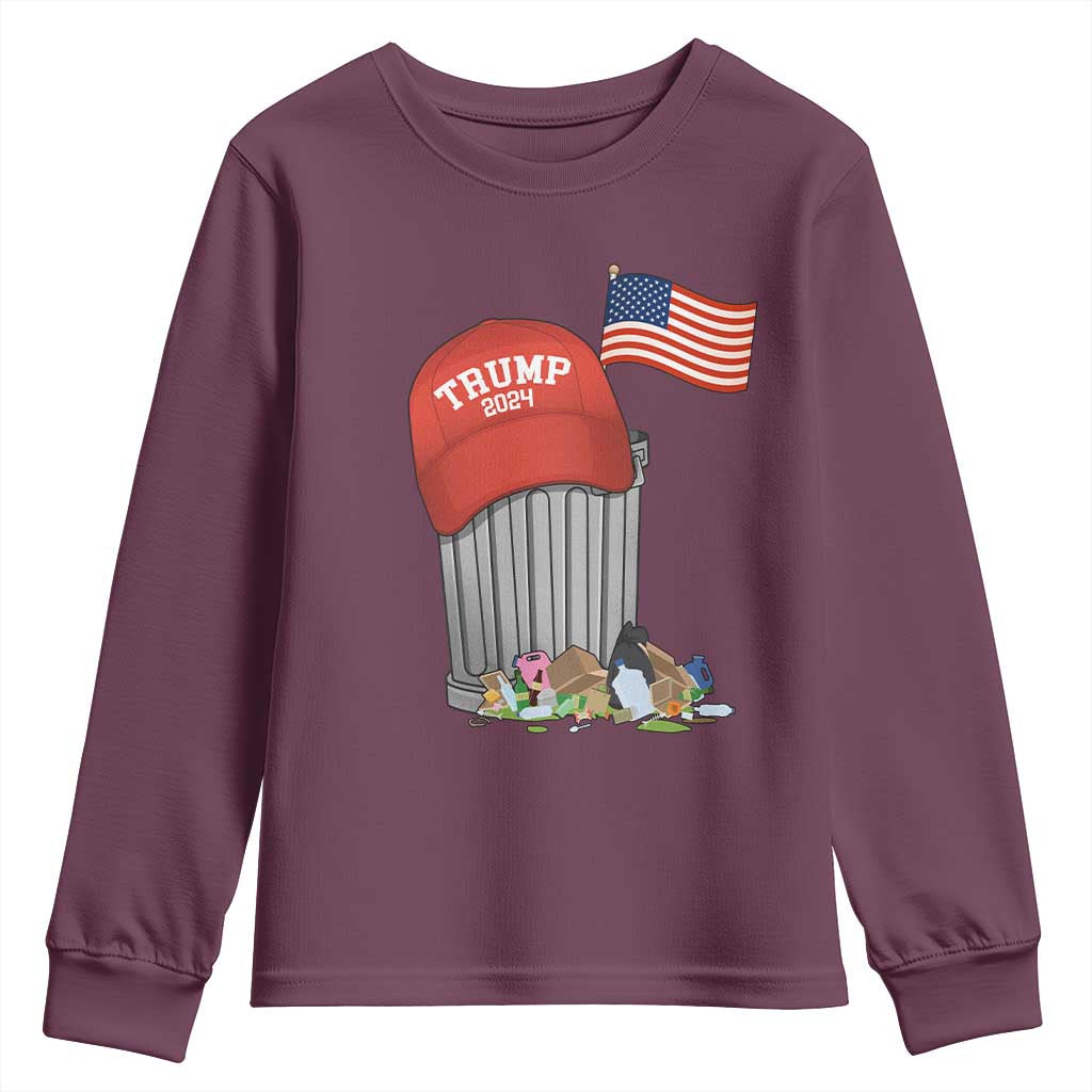 Funny Trump Garbage 2024 Youth Sweatshirt Vintage Trash Bin American Flag TS11 Maroon Print Your Wear