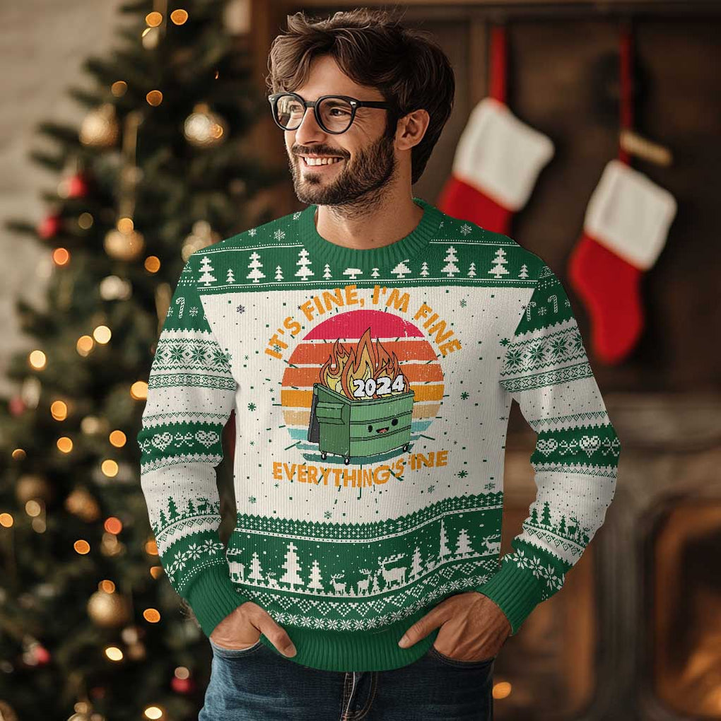 Funny It's Fine I'm Everything Is Fine 2024 Ugly Christmas Sweater Cute Vintage Lil Dumpster Fire TS11 Green Print Your Wear
