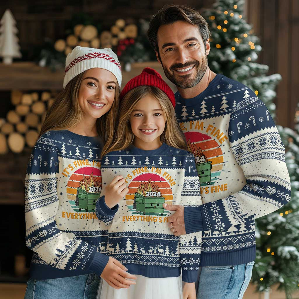 Funny It's Fine I'm Everything Is Fine 2024 Ugly Christmas Sweater Cute Vintage Lil Dumpster Fire TS11 Navy Print Your Wear