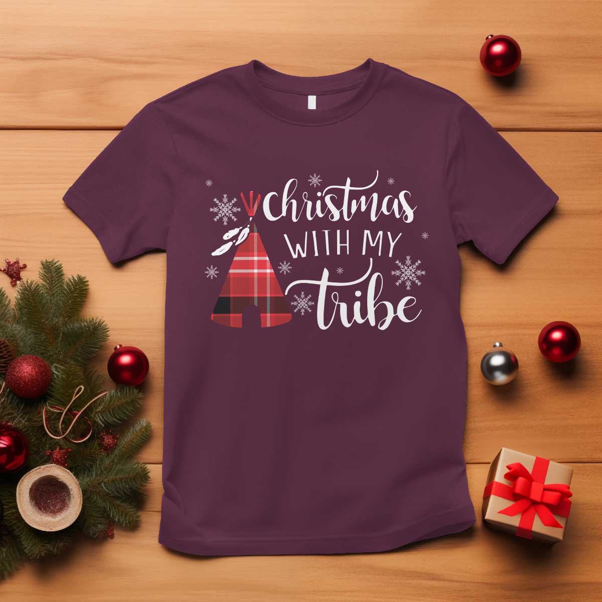 Funny Christmas Native American T Shirt Christmas With My Tribes TS11 Maroon Print Your Wear