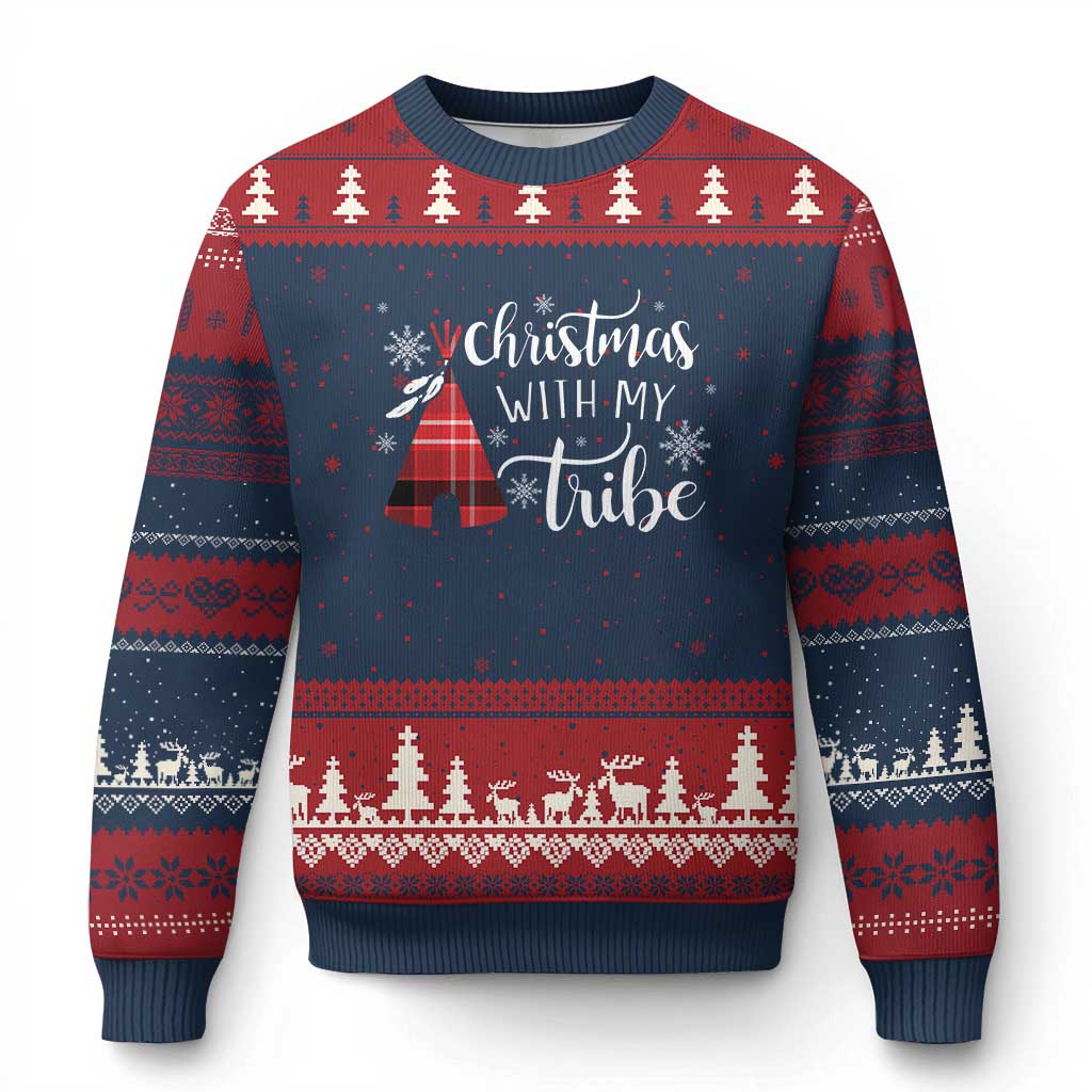 Funny Xmas Native American Ugly Christmas Sweater Xmas With My Tribes TS11 Navy Red Print Your Wear
