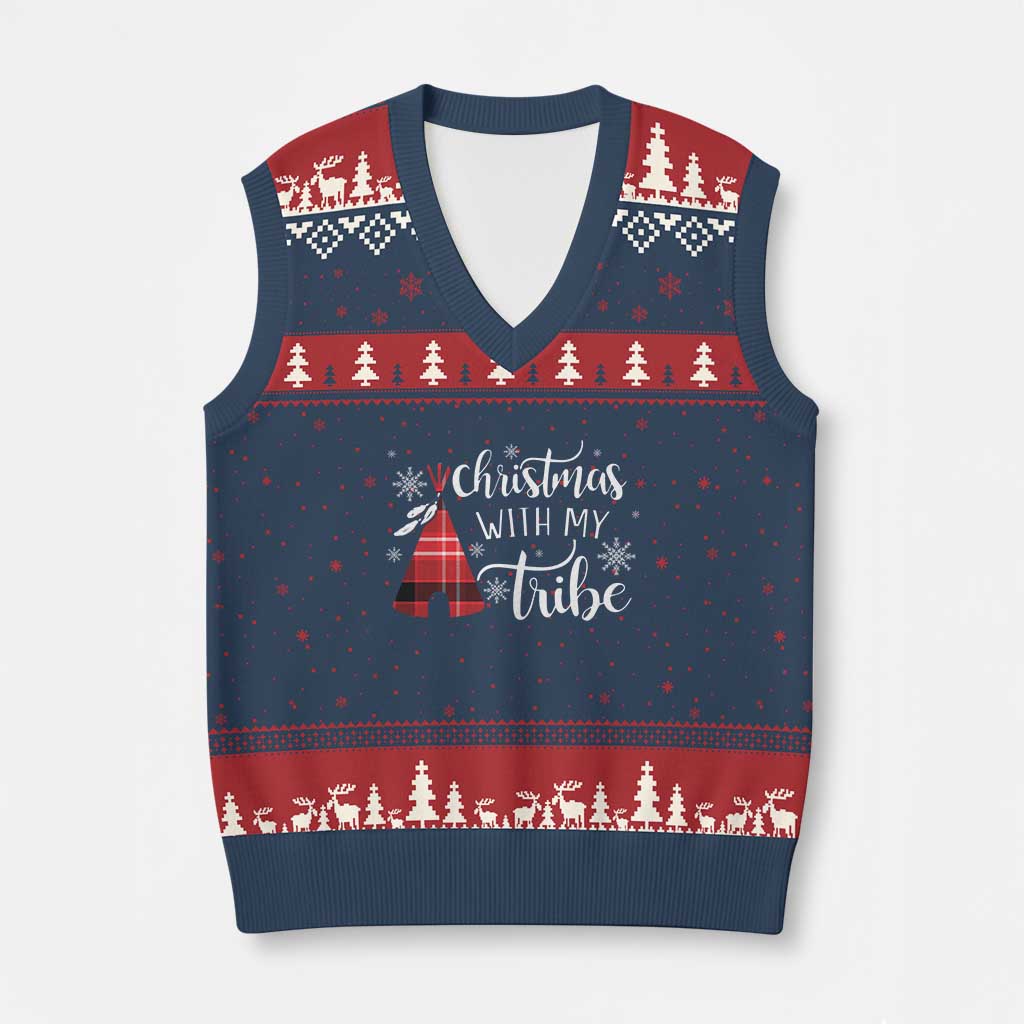 Funny Xmas Native American V-Neck Knit Sweater Vest Xmas With My Tribes TS11 Navy Red Print Your Wear