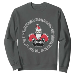 Funny Cajun Louisiana Christmas Sweatshirt Laissez Les Bons Temps Rouler & Joyeux Merry Christmas Santa Saint Symbol TS11 Dark Heather Print Your Wear