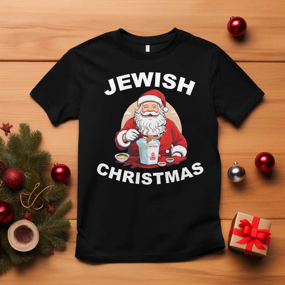 Funny Jewish Christmas T Shirt Santa Is Eating Chinese Food Hanukkah Hebrew TS11 Black Print Your Wear