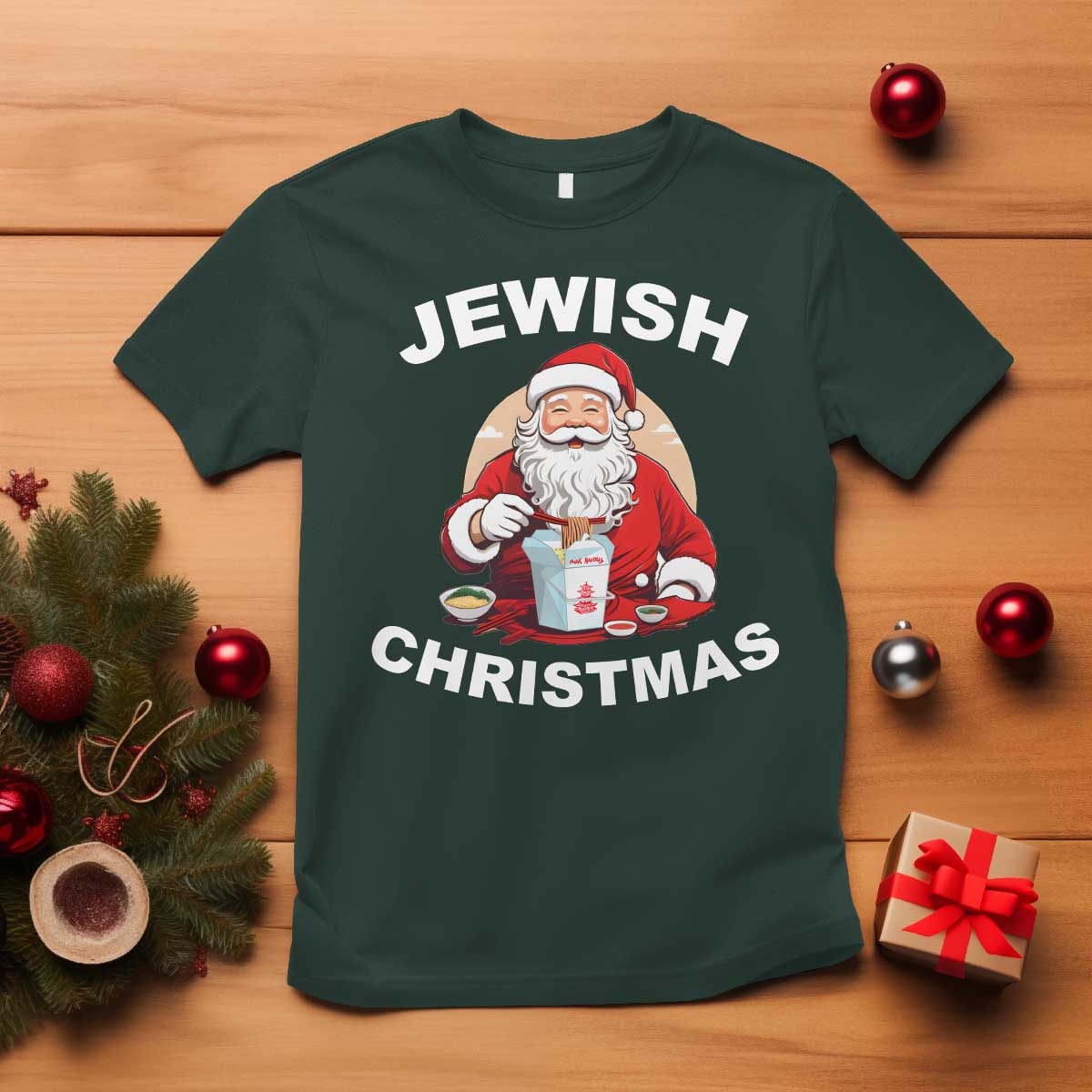 Funny Jewish Christmas T Shirt Santa Is Eating Chinese Food Hanukkah Hebrew TS11 Dark Forest Green Print Your Wear