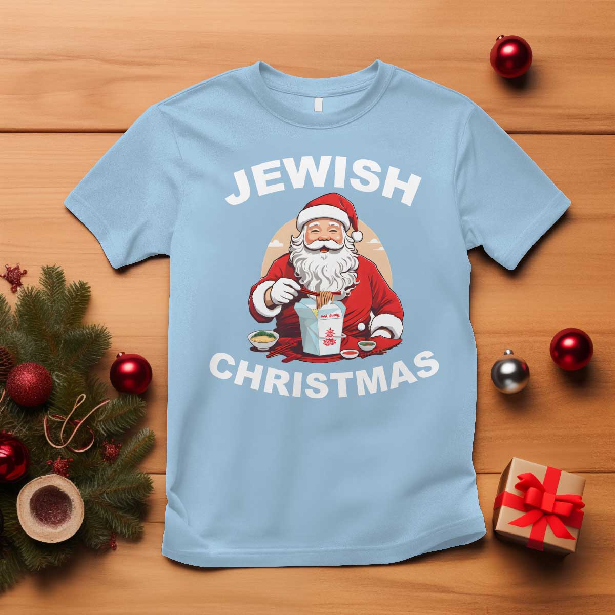 Funny Jewish Christmas T Shirt Santa Is Eating Chinese Food Hanukkah Hebrew TS11 Light Blue Print Your Wear