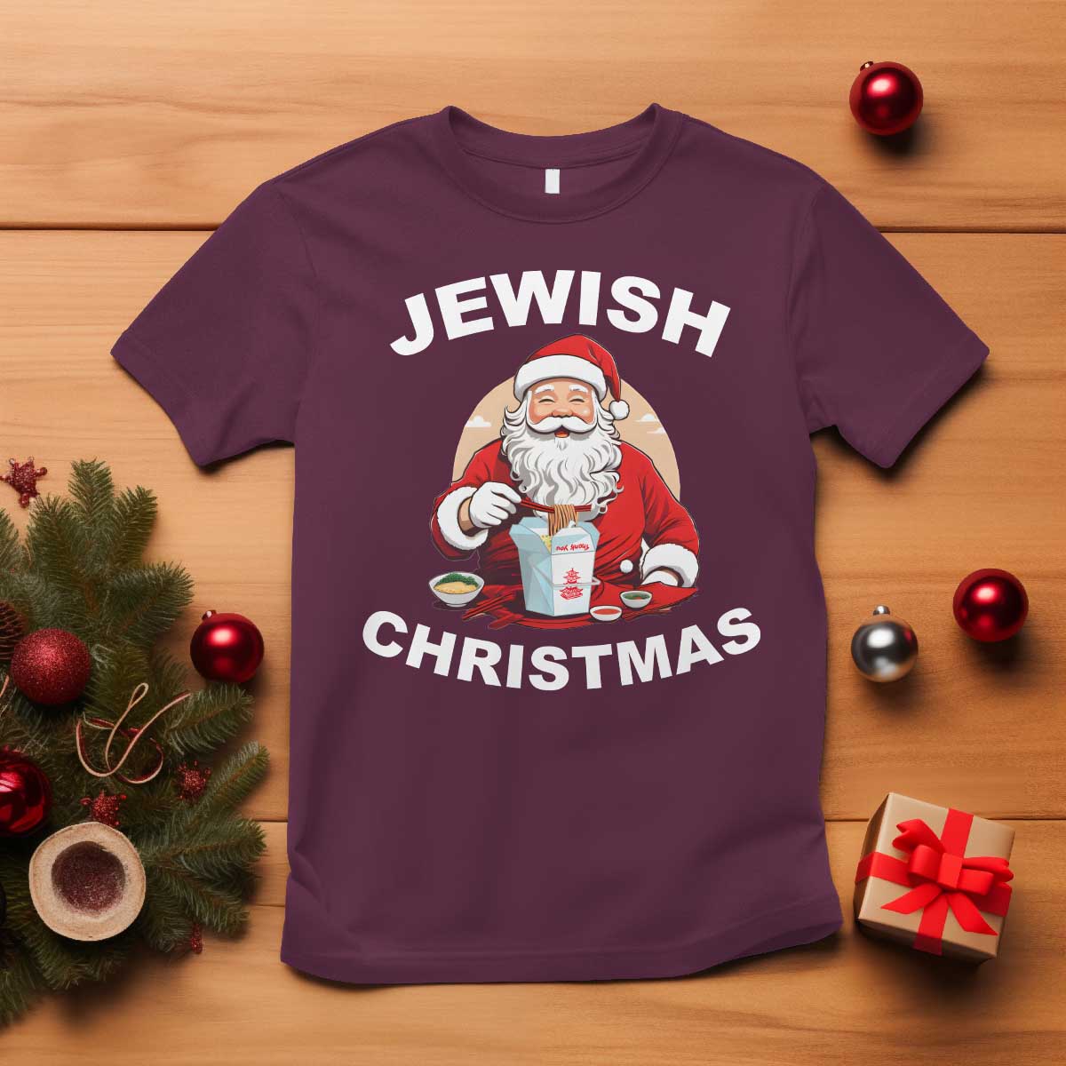 Funny Jewish Christmas T Shirt Santa Is Eating Chinese Food Hanukkah Hebrew TS11 Maroon Print Your Wear