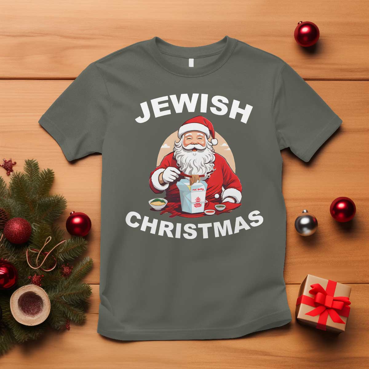 Funny Jewish Christmas T Shirt Santa Is Eating Chinese Food Hanukkah Hebrew TS11 Military Green Print Your Wear