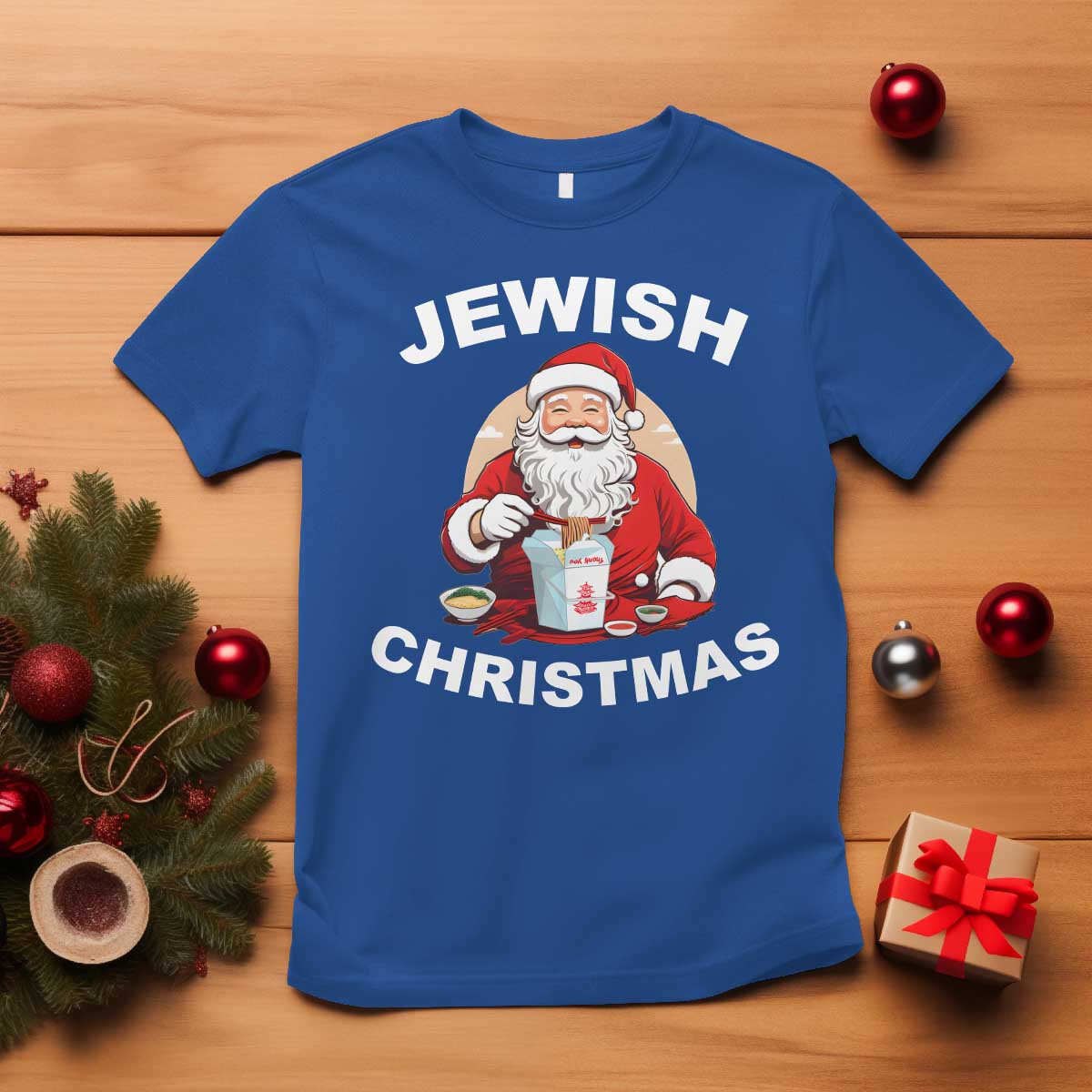 Funny Jewish Christmas T Shirt Santa Is Eating Chinese Food Hanukkah Hebrew TS11 Royal Blue Print Your Wear
