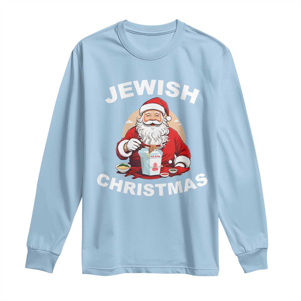 Funny Jewish Christmas Long Sleeve Shirt Santa Is Eating Chinese Food Hanukkah Hebrew TS11 Light Blue Print Your Wear